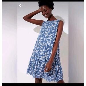 Loft Blue White Floral Bird Print Sleeveless Eyelet Shift Mini Dress SP TRENDY
